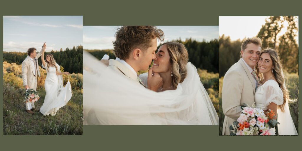 Photo of bride and groom embracing in Southeast Idaho mountains for a bridal session with Bailee Freeman Photography