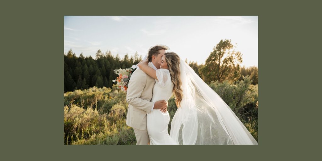 Photo of bride and groom embracing in Southeast Idaho mountains for a bridal session with Bailee Freeman Photography
